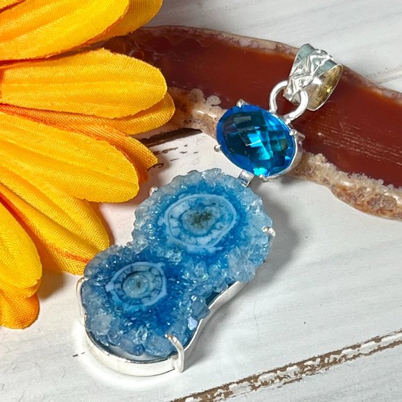 Solar Agate Blue Topaz Pendant Handmade Gemstone Crystal 925 Silver Long New! - Picture 2 of 9